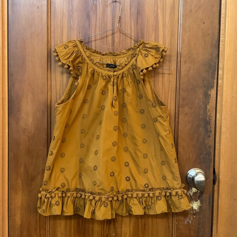 J Crew Mustard Yellow Sleeveless Eyelet Cotton Blouse with Floral Pattern (S)